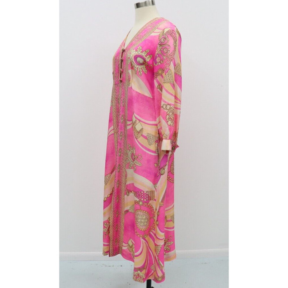 Vintage DELA-ANN Novelty Pink Glam Jewelry Print Lounge Kaftan Dress 1960's M - Picture 10 of 16